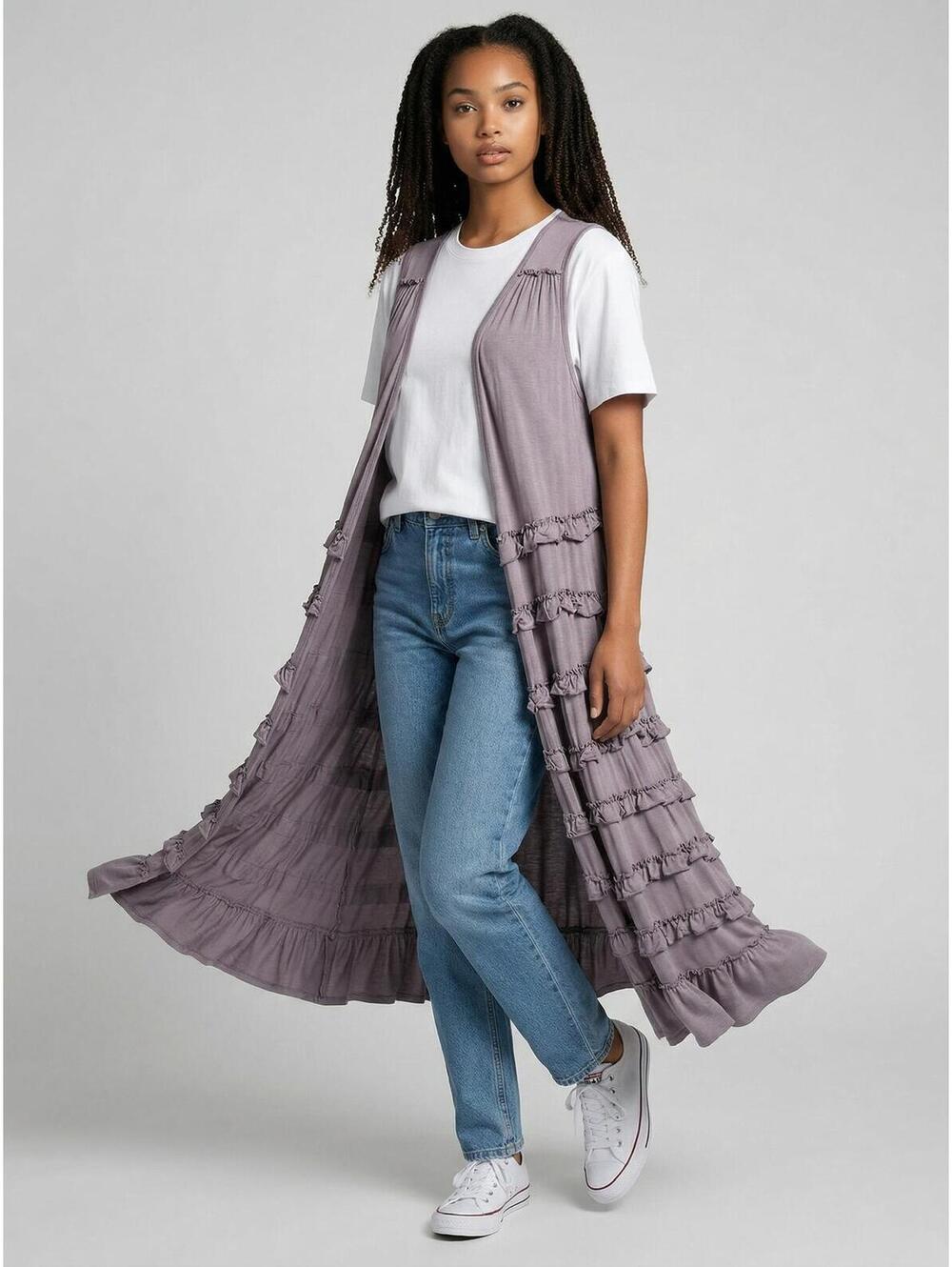 POL NWOT Sleeveless Ruffled Duster - S (M & L, too) - Gray